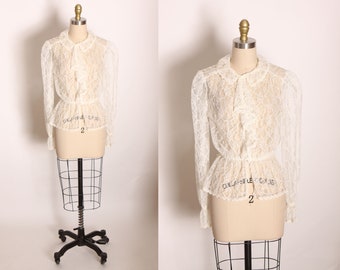 1970s White Sheer Lace Long Sleeve Ruffle Bodice Button Up Blouse -L