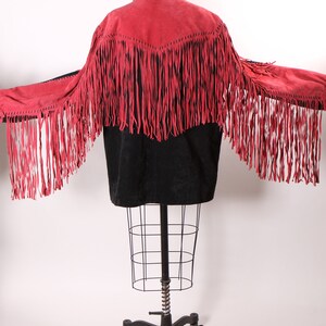 1980s Red and Black Suede Leather Fringe Long Sleeve Metal Snap Western Cowgirl Jacket Coat by Bob Mackie L image 9