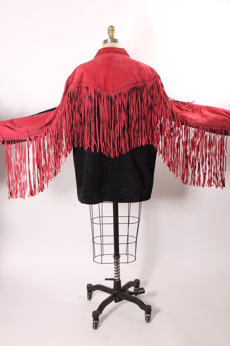 1980s Red and Black Suede Leather Fringe Long Sleeve Metal Snap Western Cowgirl Jacket Coat by Bob Mackie L image 9