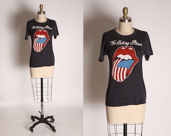 1981 1980s Black, Red, White and Blue Tongue American Flag Rolling Stones North American Tour Band Concert T Shirt -S