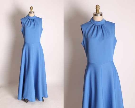 Late 1960s Early 1970s Blue Sleeveless Full Length Maxi Dress by Leslie Fay Originals -L
