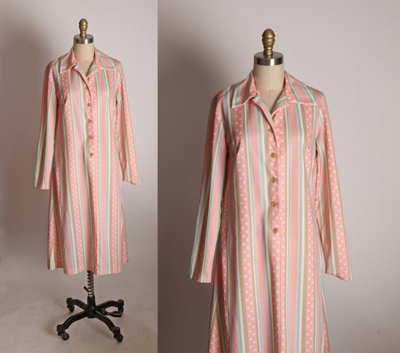 1970s Pastel Pink, Green, White and Tan Long Sleeve Striped Double Knit Dress by Liberty Circle -L