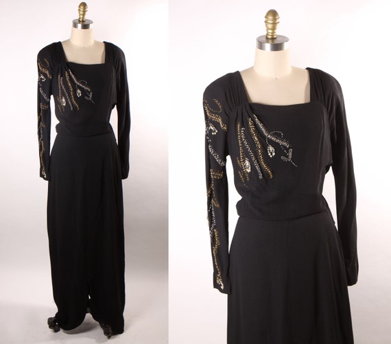 1940s Black Long Sleeve Beaded and Sequin Floral Flower Full Length Dress -M