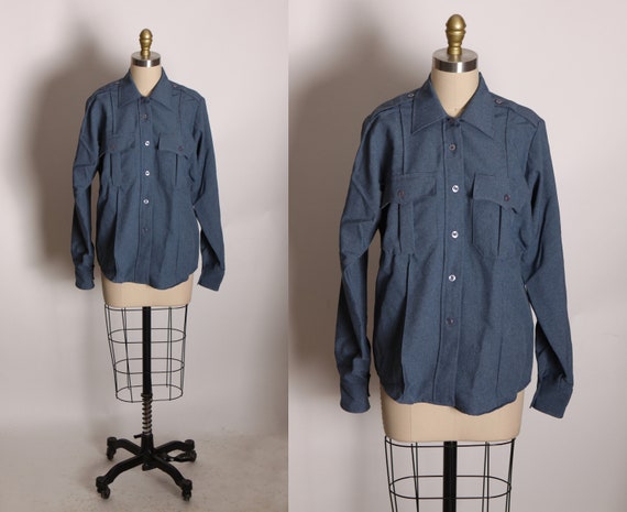 Deadstock 1970s Blue Long Sleeve Button Down Zip Up Uniform Mens Shirt by Clifton Super Shirt -XL