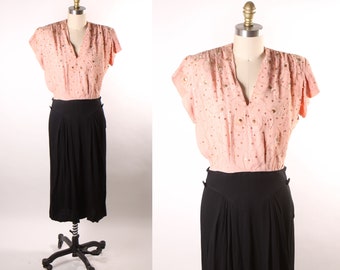 1940s Pink and Black Sequin Detail Short Sleeve Dress -L