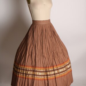 1950s Light Brown, Copper and Gold Soutache Ric Rac Trim 3/4 Length Sleeve Blouse with Matching Pleated Skirt Two Piece Patio Outfit S image 7