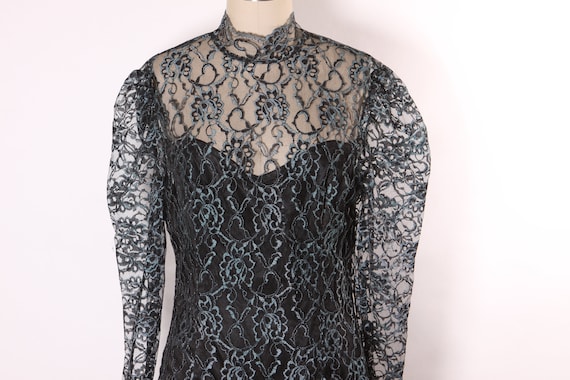 1980s Black and Green Sheer Long Sleeve Lace Over… - image 3