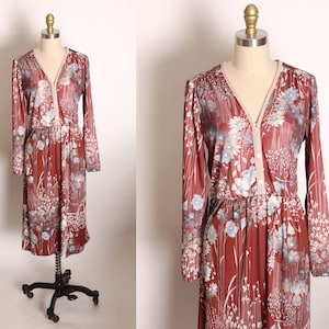 1970s Burgundy, Cream and Blue Fall Foliage Floral Flower Print Long Sleeve Dress L image 1