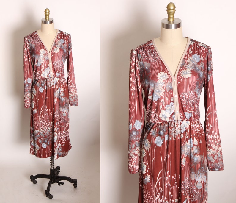 1970s Burgundy, Cream and Blue Fall Foliage Floral Flower Print Long Sleeve Dress L image 1