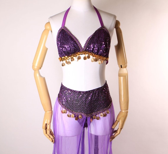 Vintage 90s Sequin Belly Dance Costume: Purple Coin Bikini, Sheer Genie  Pants - Etsy