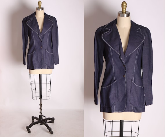 1970s Dark Blue Denim Metal Snap Fitted Zig Zag Tailored Jacket -M