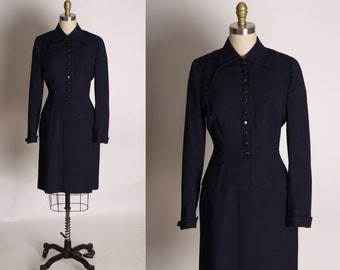 1940s Navy Blue Long Sleeve Button Up Structured Jacket with Matching Skirt Two Piece Skirt Suit -S