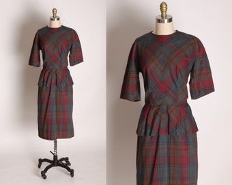 1940s Red and Gray Plaid 3/4 Length Sleeve Peplum Waist Detail Dress by L’Aiglon -L