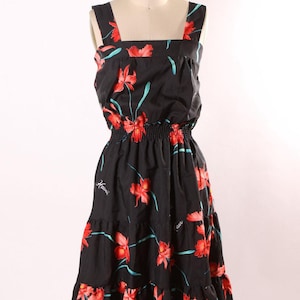 1980s Black, Green and Red Hibiscus Wide Strap Elastic Waist Tropical Hawaiian Dress by Casual Wear Made in Hawaii -M