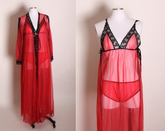 1960s Red and Black Lingerie Open Side Night Gown with Matching Panties and Open Sleeve Robe Lingerie Set -S