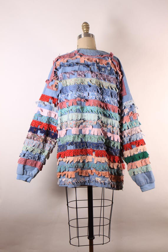 1980s Blue Chambray Multi-Colored Patchwork Quilt… - image 8