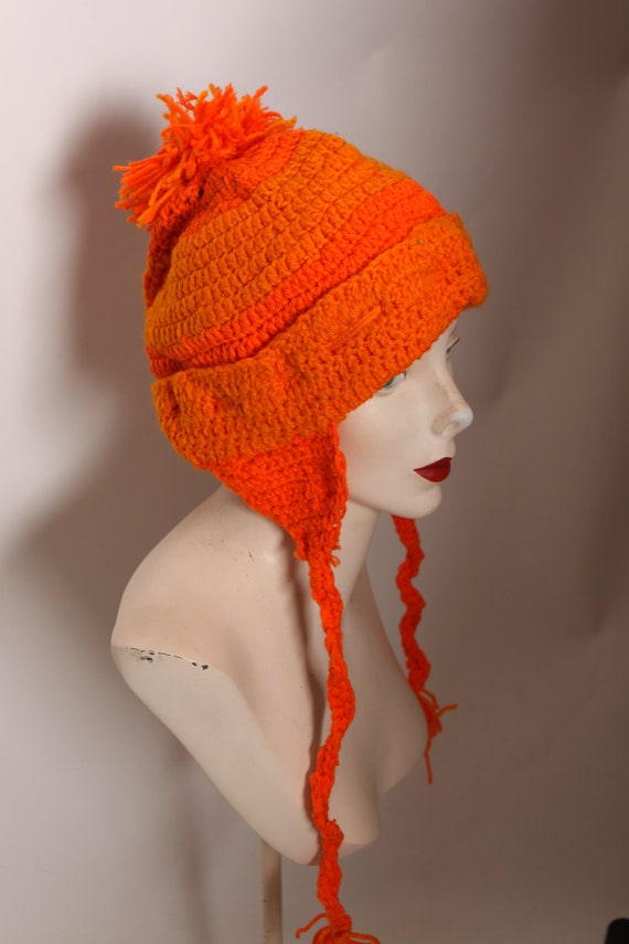 1970s Orange Crochet Handmade Ear Flap Tassel Winter Stocking Cap Hat
