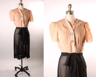 1940s Blush Pink Ruched Short Sleeve Sheer Black Skirt Knee Length Dress -S