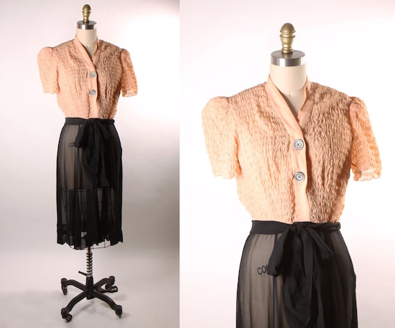 1940s Blush Pink Ruched Short Sleeve Sheer Black Skirt Knee Length Dress -S