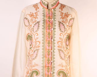 1960s Pale Beige Pink and Green Swirl Paisley Print Sheer Long Sleeve Hawaiian Dress by Alfred Shaheen