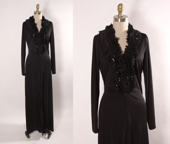 1970s Black Long Sleeve Ruffle Collar Sequin Detail Full Length Middle Slit Dress by Lynn Stevens -L