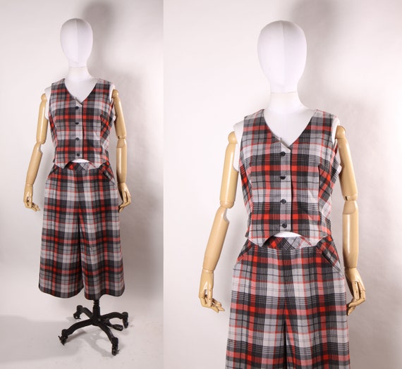 1970s Red, Gray and Black Plaid Sleeveless Button… - image 1