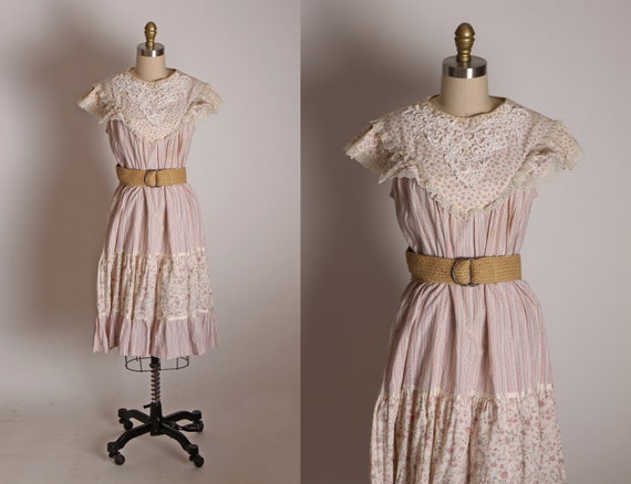 1970s Pink and Tan Floral White Embroidered Lace Detail Sleeveless Ruffle Cap Shoulders Ruffle Hem Dress by Gunne Sax -Size 11 -XL