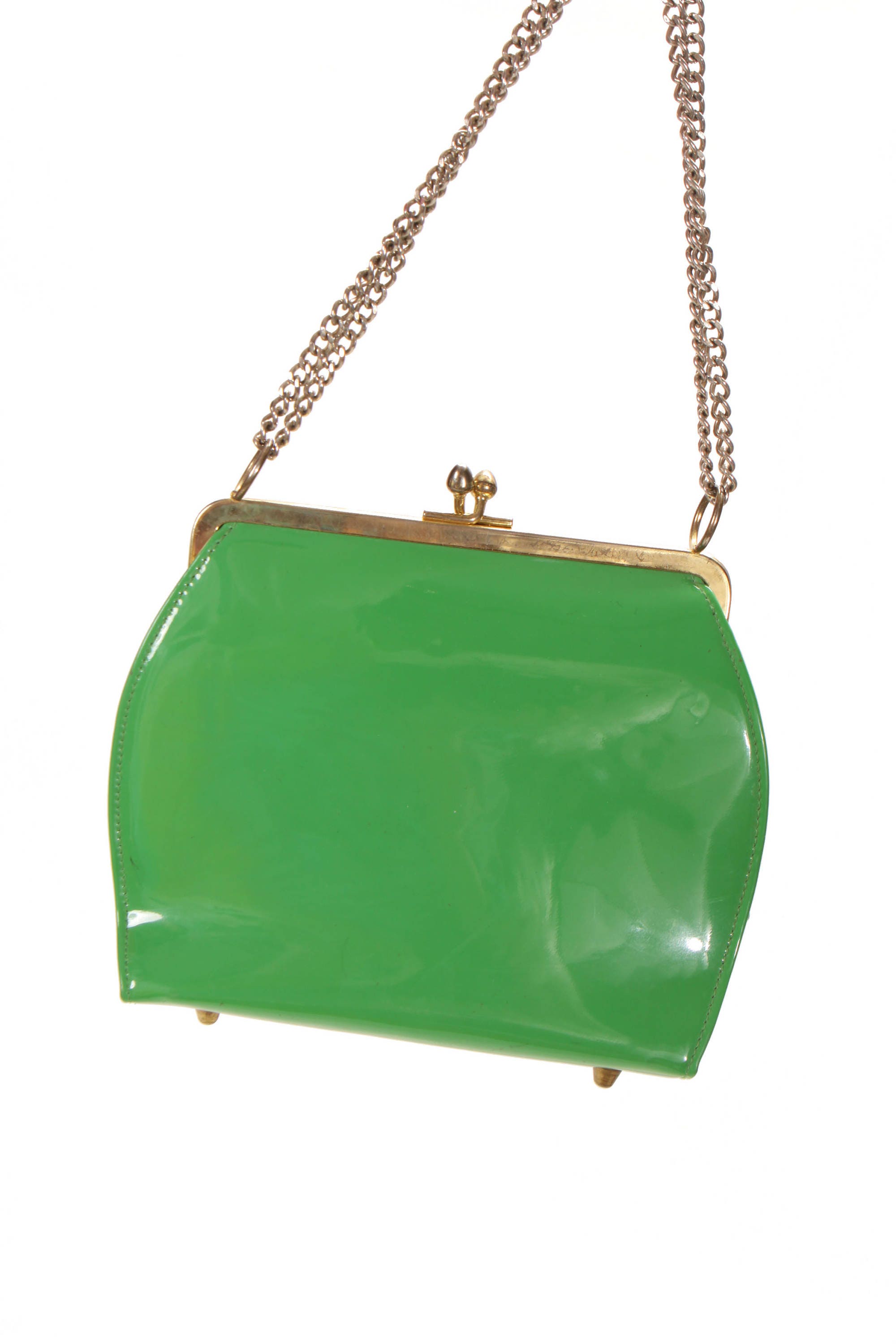 1950s Green Shiny Vinyl Mini Clutch with Metal Chain Strap Purse by Theodor