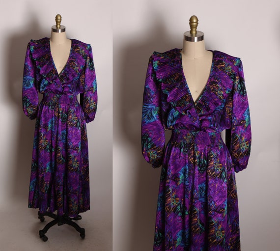 1980s Purple, Blue and Black 3/4 Length Sleeve Ruffle Pleated Hem Abstract Deep V Neck Dress by Susan Freis -M