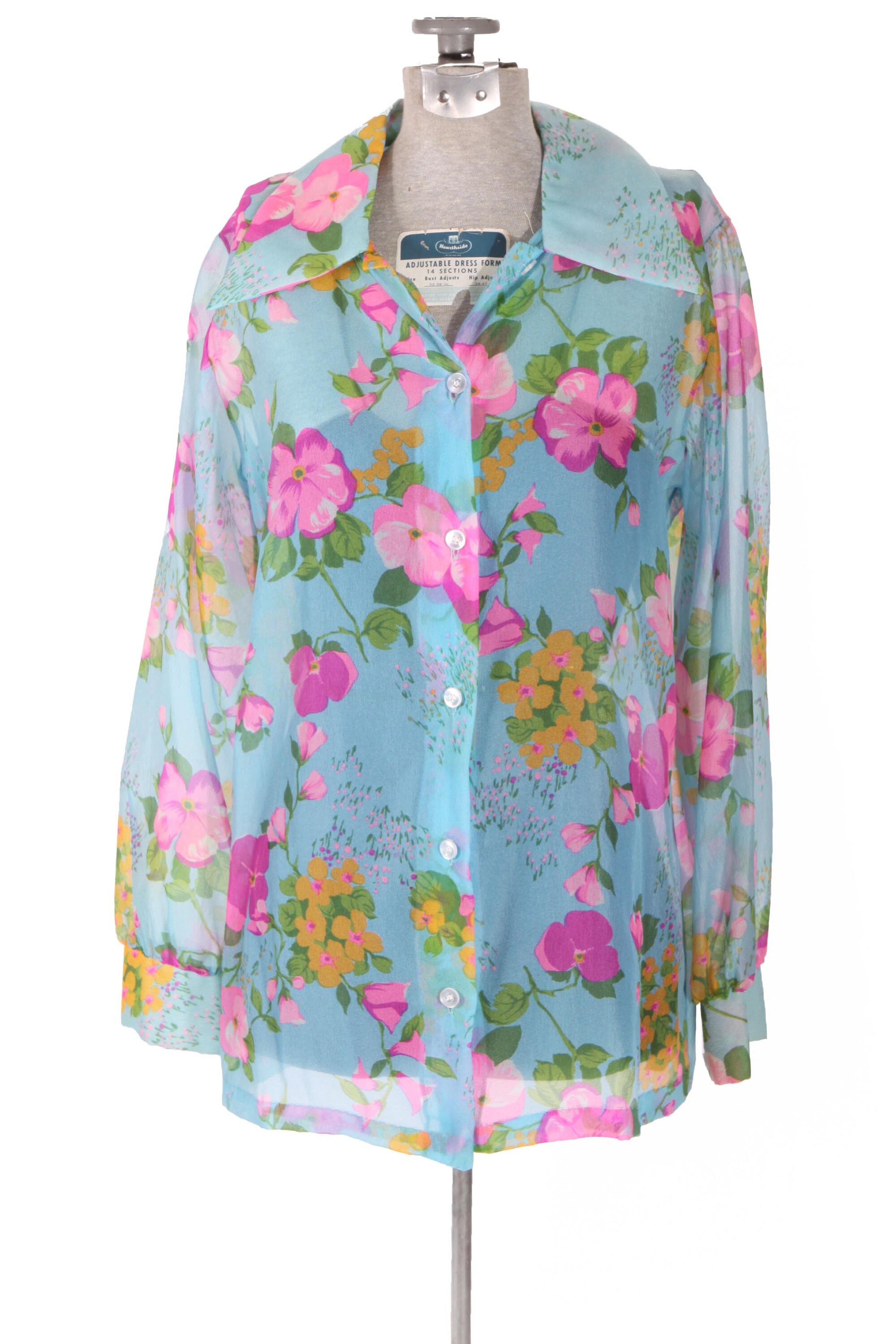 1970s Bright Blue Sheer Hot Pink Floral Flower Print Button Down Long Sleeve Shirt -XL