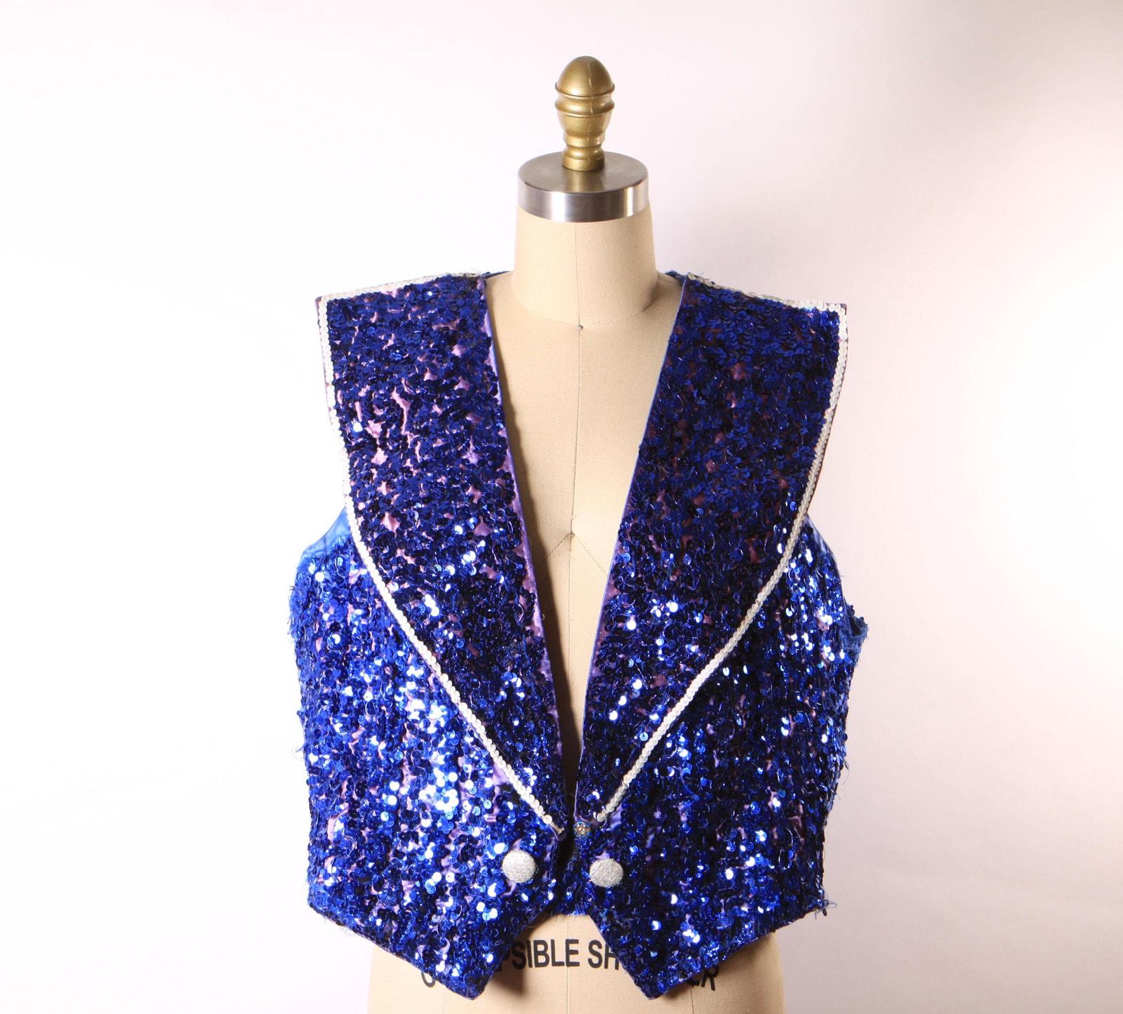 1950s 1960s Blue Sequin Sleeveless Vest Showgirl Burlesque Costume 