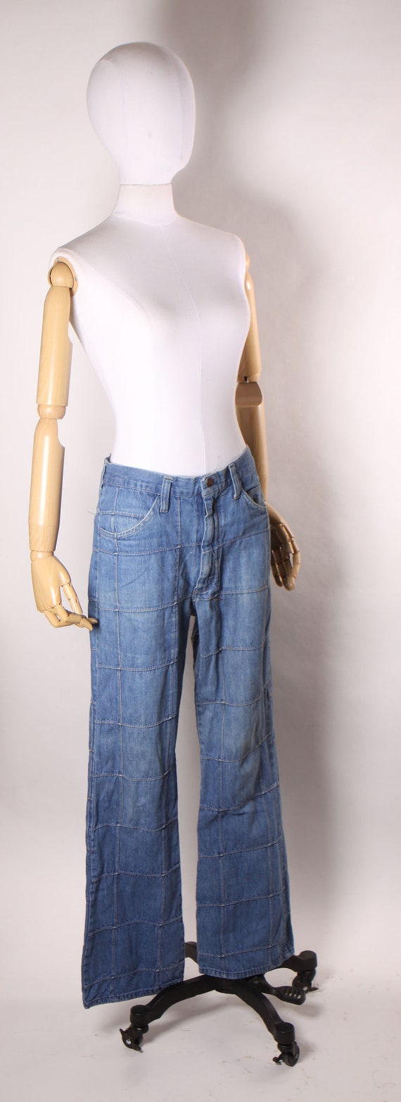 1970s Blue Denim Window Pane Bell Bottom Flare Je… - image 5