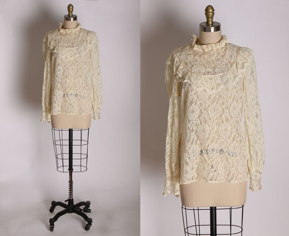 1970s Sheer Cream Off White Lace Ruffle Collar Lon