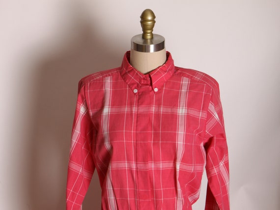 1980s Pink Raspberry and White Plaid Long Sleeve … - image 4