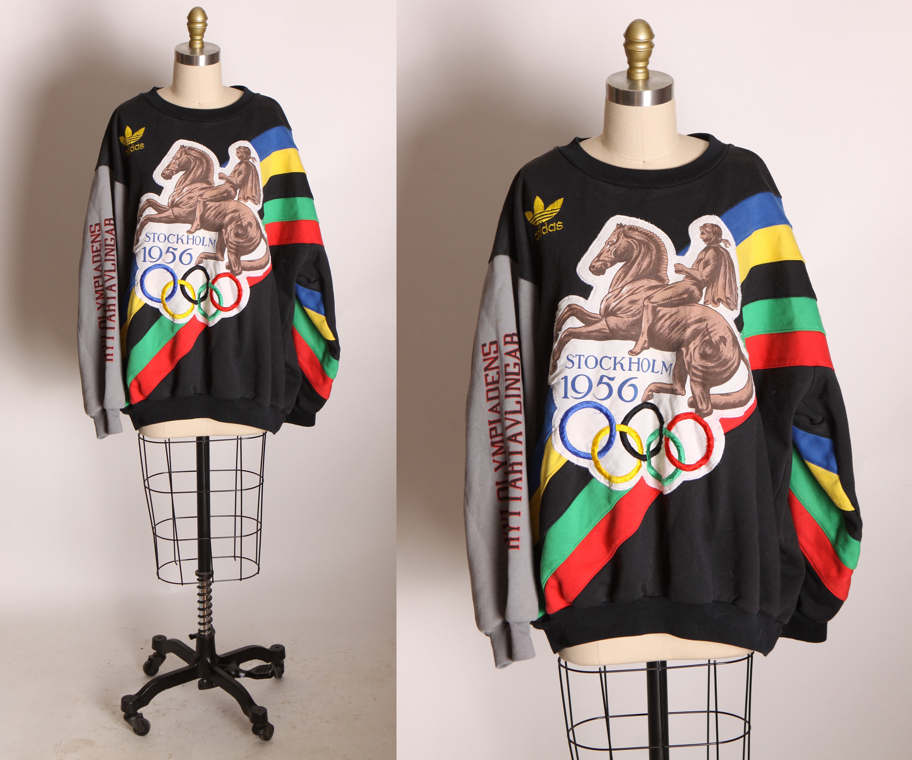 1980s Black Sleeve Pullover Olympics Adidas Stockholm Helsinki Sweatshirt by Adidas -XL