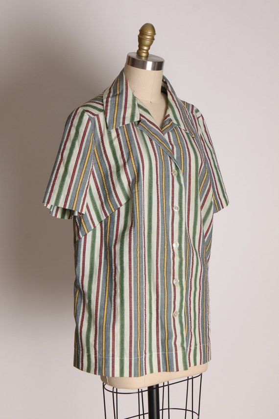 1950s Gray Green Red and Yellow Striped Short Sle… - image 3