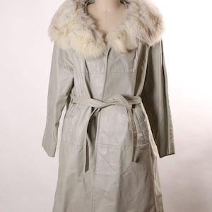 Late 1960s Early 1970s Gray Leather Mink Fur Trim Belted Long Sleeve Winter Coat