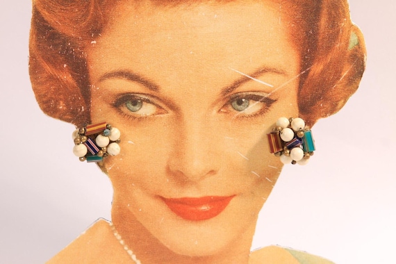 Paire De Clips à Perles Vintage Des Années 1950/1960 - Bleu - Occasion