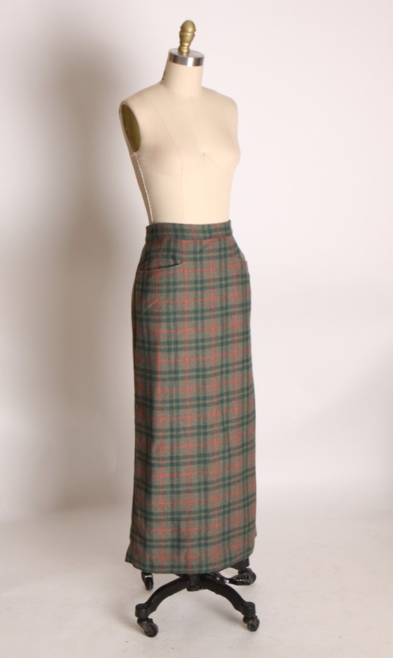 1960s Green, Red and Gray Plaid Kick Pleat Pencil… - image 4