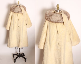 1950s 1960s Cream Off White Fuzzy Mohair Gray and White Fox Fur Collar Scarf Wrap Swing Coat by Lilli Ann -XL