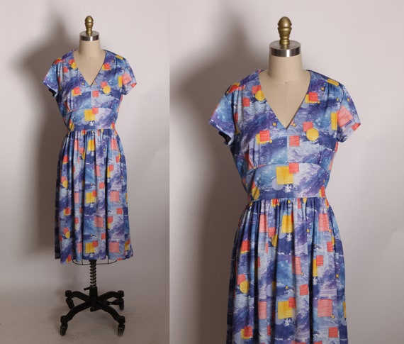 1970s Blue Novelty Wave Sea Geometric Print Short Sleeve Polyester Dress -M
