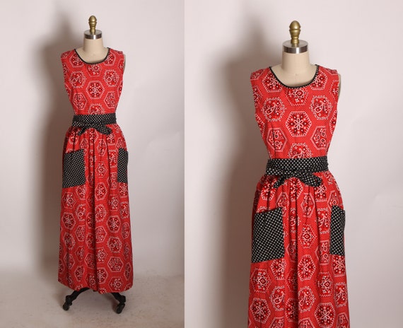 1960s Red and Navy Blue Bandana Sleeveless Pinafore Wrap Dress by Design House -S