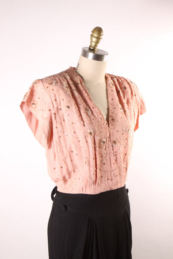 1940s Pink and Black Sequin Detail Short Sleeve D… - image 4