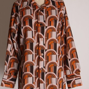 1970s Brown, Orange and Tan Mod Retro Long Sleeve Button Up Blouse L image 4