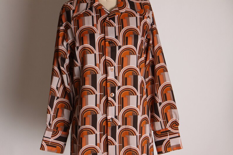 1970s Brown, Orange and Tan Mod Retro Long Sleeve Button Up Blouse L image 4