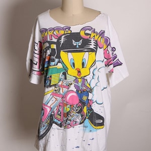 1990s Multi-Colored Graphic Tweety Bird and Sylvester Short Sleeve Cropped Scoop Neck Motorcycle Cruising Single Stitch T Shirt -XL