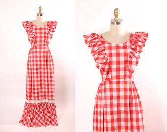 1960s Red and White Gingham Flared Poofy Shoulder Full Length Sleeveless Cottagecore Prairie Dress -XS