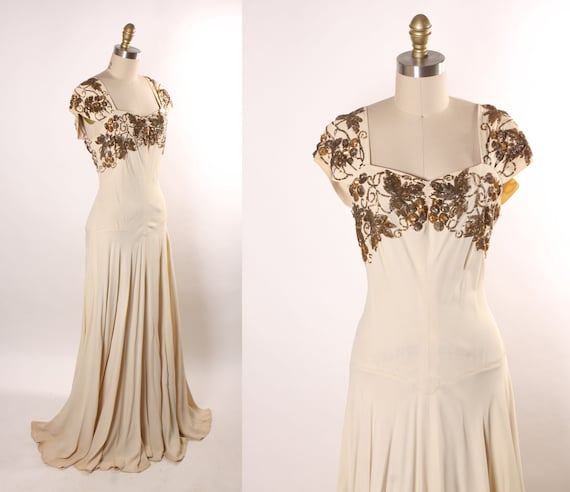Late 1930s Early 1940s Cream Short Sleeve Full Length Gold and Tan Floral Grape Sequin Floor Lenght Formal Dress -L