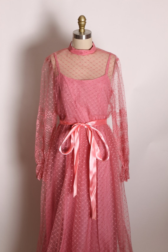 1970s Dusty Rose Pink Sheer Lace Long Sleeve Full… - image 2