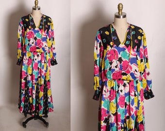 1980s Two Piece Black, Pink and Yellow Abstract Floral Print Blouse with Matching Skirt Outfit by Indigo Lites